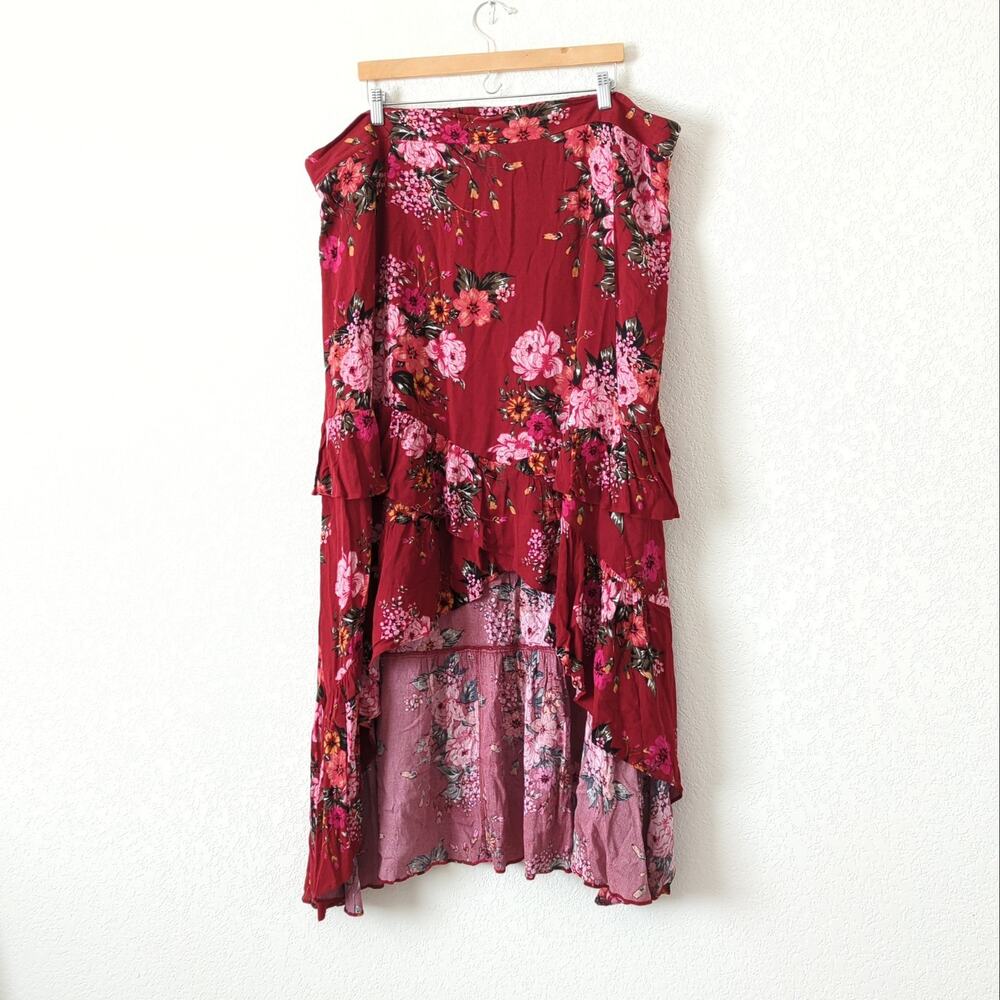 Torrid Womens High Low Floral Skirt Red Pink Size 3 3X‎ Plus Ruffle Midi Summer